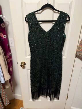 Embellished V-Neck Fringe Mini Dress in Dark Green Gatsby Inspired